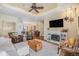 Cozy living room with a decorative ceiling, fireplace, and ample seating at 7930 Larkspur Cir, Frederick, CO 80530
