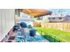 Relaxing backyard patio with an awning, an outdoor seating area, a fire pit, and a well-manicured lawn at 8561 E Grand Ave, Denver, CO 80237