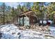 Exterior view of a quaint wooden shed with a snow-covered surrounding at 439 Ronnie Rd, Golden, CO 80403