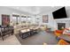 Bright living room featuring large windows with scenic views, stylish sectional, and modern fireplace at 8109 Mount Ouray Rd, Littleton, CO 80125