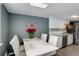Dining area with an adjacent kitchen features white cabinets and tile backsplash at 1204 S Uvalda St, Aurora, CO 80012