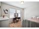 Cozy bedroom featuring carpeted floors, a makeup vanity, two large windows, and closet access at 16019 E Elk Dr, Denver, CO 80239