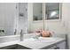 Well-lit bathroom featuring a white sink, neutral countertop, and double mirrored vanity at 823 Timothy Dr, Longmont, CO 80503
