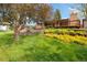 Backyard features terraced garden beds with colorful flowers, deck, lawn, and mature trees at 10868 W 70Th Ave, Arvada, CO 80004