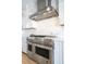 Gourmet kitchen with stainless steel appliances, a professional range hood, and modern cabinetry at 6955 Sunstrand Ct, Castle Pines, CO 80108