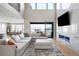 Spacious living room with large windows, hardwood floors, modern fireplace, and comfortable sectional sofa at 6955 Sunstrand Ct, Castle Pines, CO 80108