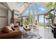 Cozy living room with a stone fireplace, plush seating, and windows offering stunning views at 11760 Baca Rd, Conifer, CO 80433