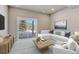 Comfortable living room featuring a gray carpet, neutral walls, and a large window view at 93 Greeley Blvd, Palmer Lake, CO 80133