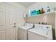 Bright laundry room with white washer, dryer, and storage shelf, plus a white door at 13960 Grape St, Thornton, CO 80602