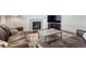Comfortable living room with a fireplace, plush seating, and a stylish area rug at 7686 Grady Cir, Castle Rock, CO 80108