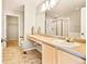 Elegant bathroom with double sinks, a shower, and a large mirror at 21621 Stoll Pl, Denver, CO 80249