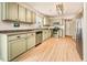 Kitchen with light green cabinets, stainless steel appliances and hardwood floor at 21621 Stoll Pl, Denver, CO 80249