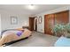 Comfortable bedroom with neutral carpet, closet and plant accents at 8427 S Custer Ln, Evergreen, CO 80439