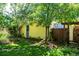 Charming backyard features a well-maintained lawn, garden beds, mature trees, and a yellow shed at 310 Judson St, Longmont, CO 80501