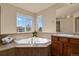 Bright bathroom featuring a large soaking tub under a window and a vanity with wood cabinets at 24269 E Arapahoe Pl, Aurora, CO 80016