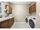 Convenient laundry room with a front load washer and dryer and plenty of cabinet space at 11935 E Lake Ct, Greenwood Village, CO 80111