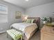 Cozy bedroom with neutral tones, wood floors, upholstered headboard, and decorative accents at 9035 S Shawnee Ct, Aurora, CO 80016