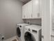 Well-lit laundry room with modern white washer and dryer units and ample overhead cabinet storage at 9035 S Shawnee Ct, Aurora, CO 80016