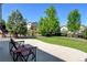 Spacious backyard with concrete patio, wooden fence, and mature trees, creating a serene and private outdoor space at 7081 S Oak Hill Cir, Aurora, CO 80016