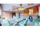 Covered patio features a dining table, brick accent wall, and unique decorative elements at 7081 Warren Dr, Denver, CO 80221