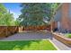 Spacious backyard features a large tree, gravel, grass, and wooden fence at 2117 S Balsam Ct, Lakewood, CO 80227