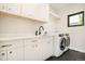 Well-organized laundry room with modern washer/dryer, ample counter space and sleek white cabinetry at 1462 S Vine St, Denver, CO 80210