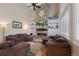 Spacious living room showcasing a stone fireplace, tall ceilings, and comfortable sectional sofas at 20460 Oakbrook Ln, Parker, CO 80138
