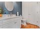 Stylish powder room featuring a blue accent wall, white vanity, and modern round mirror at 5090 S Perry Park, Sedalia, CO 80135