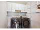 Practical laundry room with white cabinets, wire shelving, and modern, front-loading washer and dryer units at 16177 E Prentice Pl, Centennial, CO 80015