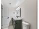 Bathroom featuring a modern vanity with stone countertop, black hardware, and sleek fixtures at 3082 S Florence Ct, Denver, CO 80231
