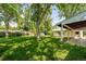 Spacious backyard featuring a lush green lawn, mature trees, and storage shed providing ample outdoor space at 2571 S Birch St, Denver, CO 80222