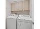 A convenient laundry room includes a washer, dryer, and overhead storage cabinets at 15498 E Dorado Pl, Centennial, CO 80015