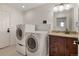 Functional laundry room features modern washer and dryer with granite countertop and vanity at 420 Sunshine Pkwy, Golden, CO 80403