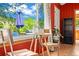 Bright sun room with table set for two, view to outdoor deck with chairs and umbrella at 26351 Sheldon St, Kittredge, CO 80457