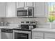 Modern kitchen features stainless steel appliances, sleek countertops, and a view of the outdoors through large windows at 957 Newton St, Denver, CO 80204