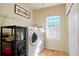Practical laundry room with modern washer and dryer units and storage shelves at 21395 E Greenwood Pl, Aurora, CO 80013
