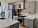 Modern kitchen featuring gray cabinets, stainless steel appliances, and a white countertop island at 1284 Osceola St, Denver, CO 80204