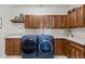 Well-organized laundry room with front loading washer and dryer and ample storage cabinets at 5322 Devils Head Cir, Golden, CO 80403
