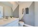 This modern powder room features a sleek vanity, decorative mirror, and stylish geometric wall accents at 6864 Bryant Ct, Denver, CO 80221