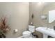 Powder room showcasing a pedestal sink, toilet, and tasteful decor at 11422 W Cooper Ave, Littleton, CO 80127