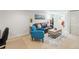 Cozy living room with bright blue armchair, leather sofa and natural light at 1454 Utica St, Denver, CO 80204