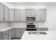 Modern kitchen featuring gray cabinets, stainless steel appliances, and white quartz countertops at 17115 W 91St Ln, Arvada, CO 80007