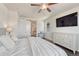 Well-lit main bedroom with a fan, and closet, offering comfort and convenience with a large television screen at 2153 Abigail Ln, Castle Rock, CO 80104