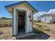 Quaint white storage shed with blue trim, open door, and exterior details at 3550 E 160Th Ave, Thornton, CO 80602