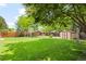 Lush green backyard with mature trees, lawn, play structure, and wooden storage shed at 10890 Depew Pl, Broomfield, CO 80020
