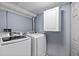 Laundry room with modern washer and dryer units and blue walls at 561 Cook St, Denver, CO 80206
