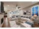 Cozy living room with a brick fireplace that offers open access to the kitchen and dining areas, perfect for entertaining at 3703 New Haven Cir, Castle Rock, CO 80109