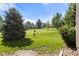 Serene view from the property, featuring a lush green lawn, mature trees, and community green space at 2150 S Vaughn Way # 302D, Aurora, CO 80014