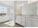 Bright bathroom featuring dual vanity, glass shower, and scenic neighborhood views at 24709 E 39Th Ave, Aurora, CO 80019