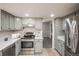 Modern kitchen with stainless steel appliances, light-gray cabinets, and seamless countertops at 1409 S Moline St, Aurora, CO 80012